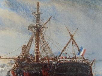 Antique MARINE WATERCOLOUR OF A DAMAGED FRENCH WARSHIP BEING TOWED BY A STEAM TUG INTO HARBOUR TITLED VERSO 