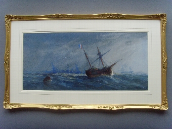 MARINE WATERCOLOUR OF A DAMAGED FRENCH WARSHIP WITH ITS SAILS REEFED & HEELING OVER IN THE STRONG...