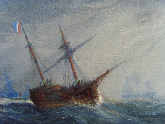 Antique MARINE WATERCOLOUR OF A DAMAGED FRENCH WARSHIP WITH ITS SAILS REEFED & HEELING OVER IN THE STRONG WINDS REQUIRING RESCUE & TITLED VERSO 