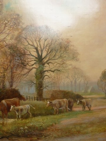 Antique FINE OIL PAINTING ON PANEL OF CATTLE WATERING BESIDES A FLOODED DIRT TRACK BY LISTED ARTIST RICHARD TEMPLE(BORN 1900)PRESENTED IN THE ORIGINAL PERIOD PLASTER   GILT DECORATIVE FRAME & MEASURING 34 X 26 INCHES