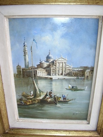 VENETIAN MINATURE OIL ON COPPER PAINTING VIEW OF ST. GIORGIO ISLAND FROM GONDOLAS ON GRAND CANAL ...