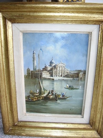 Antique VENETIAN MINATURE OIL ON COPPER PAINTING VIEW OF ST. GIORGIO ISLAND FROM GONDOLAS ON GRAND CANAL MONOGRAMMED M.T MEASURING 9.25 X 11.25 INCHES