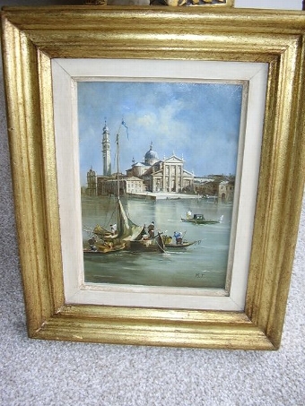 Antique VENETIAN MINATURE OIL ON COPPER PAINTING VIEW OF ST. GIORGIO ISLAND FROM GONDOLAS ON GRAND CANAL MONOGRAMMED M.T MEASURING 9.25 X 11.25 INCHES