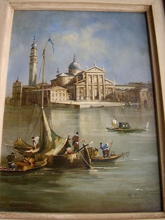 Antique VENETIAN MINATURE OIL ON COPPER PAINTING VIEW OF ST. GIORGIO ISLAND FROM GONDOLAS ON GRAND CANAL MONOGRAMMED M.T MEASURING 9.25 X 11.25 INCHES