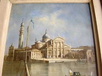 Antique VENETIAN MINATURE OIL ON COPPER PAINTING VIEW OF ST. GIORGIO ISLAND FROM GONDOLAS ON GRAND CANAL MONOGRAMMED M.T MEASURING 9.25 X 11.25 INCHES