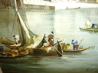 Antique VENETIAN MINATURE OIL ON COPPER PAINTING VIEW OF ST. GIORGIO ISLAND FROM GONDOLAS ON GRAND CANAL MONOGRAMMED M.T MEASURING 9.25 X 11.25 INCHES