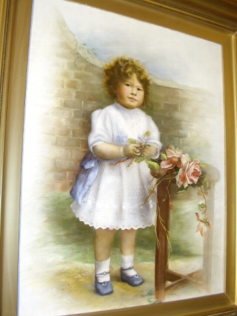Antique QUALITY OIL PORTRAIT ON ARTISTS BOARD OF YOUNG GIRL POSING WHILST HOLDING FLOWERS PAINTED & SIGNED BY MADAM VARNEY C1917 IN ORIGINAL FRAME 23 X 27 INCHES