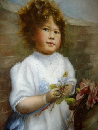 Antique QUALITY OIL PORTRAIT ON ARTISTS BOARD OF YOUNG GIRL POSING WHILST HOLDING FLOWERS PAINTED & SIGNED BY MADAM VARNEY C1917 IN ORIGINAL FRAME 23 X 27 INCHES