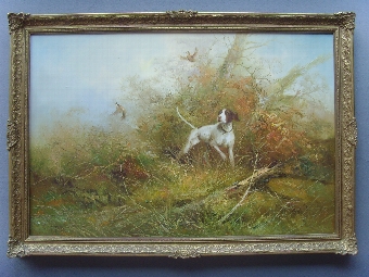 SUPERB LARGE OIL PAINTING ON CANVAS OF A POINTER FLUSHING OUT PHEASANTS IN THE UNDER-GROWTH / PAI...