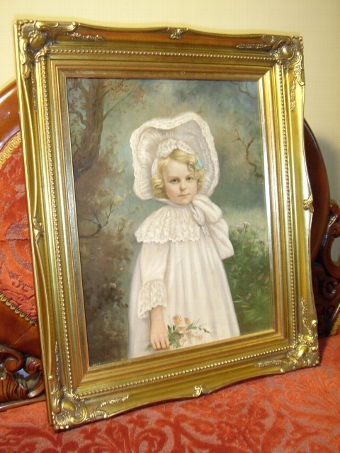 19TH.CENTURY VICTORIAN OIL ON CANVAS PORTRAIT OF A BEAUTIFUL YOUNG GIRL WEARING HER COTTON & LACE...