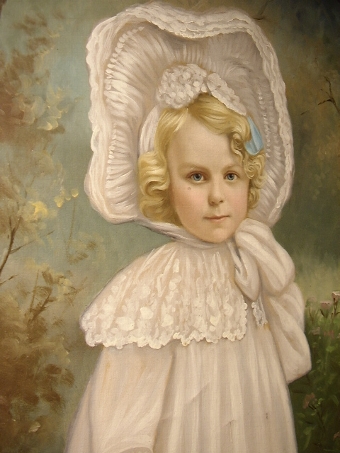 Antique 19TH.CENTURY VICTORIAN OIL ON CANVAS PORTRAIT OF A BEAUTIFUL YOUNG GIRL WEARING HER COTTON & LACE WHITE DRESS WITH BONNET TIED UNDER CHIN SEEN HOLDING FLOWERS PRESENTED IN A SWEPT GILT LATER FRAME SIZE 23.25 X 19.25 INCHES