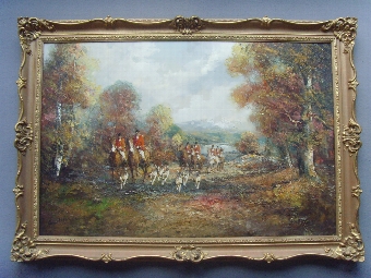 IMPRESSIONIST OIL PAINTING ON CANVAS OF A HUNT IN PROGRESS WITH A PACK OF HOUND GIVING CHASE PRES...