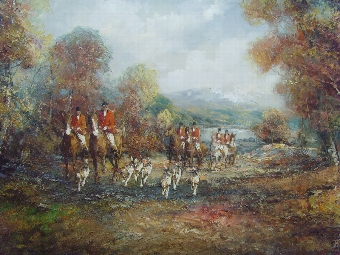 Antique IMPRESSIONIST OIL PAINTING ON CANVAS OF A HUNT IN PROGRESS WITH A PACK OF HOUND GIVING CHASE PRESENTED IN ORIGINAL DECORATIVE FRAME SIZE 41 X 29 INCHES