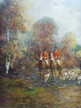 Antique IMPRESSIONIST OIL PAINTING ON CANVAS OF A HUNT IN PROGRESS WITH A PACK OF HOUND GIVING CHASE PRESENTED IN ORIGINAL DECORATIVE FRAME SIZE 41 X 29 INCHES