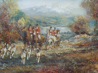Antique IMPRESSIONIST OIL PAINTING ON CANVAS OF A HUNT IN PROGRESS WITH A PACK OF HOUND GIVING CHASE PRESENTED IN ORIGINAL DECORATIVE FRAME SIZE 41 X 29 INCHES