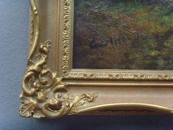 Antique IMPRESSIONIST OIL PAINTING ON CANVAS OF A HUNT IN PROGRESS WITH A PACK OF HOUND GIVING CHASE PRESENTED IN ORIGINAL DECORATIVE FRAME SIZE 41 X 29 INCHES