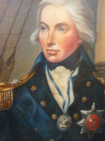 Antique OIL PORTRAIT PAINTING ON LEATHER LAID ONTO THICK COPPER PLATE OF HORATIO LORD NELSON BY FOLLOWER OF ARTIST LEMUEL FRANCIS ABBOTT (B1760 - D1803)SIZE 10 X 8 INCHES IN DECORATIVE GILT FRAME