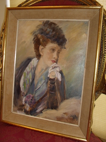 BEAUTIFULLY PAINTED OIL ON BOARD OF A YOUNG SOCIETY LADY HOLDING AN HANDKERCHIEF BY ARTIST ANTHON...