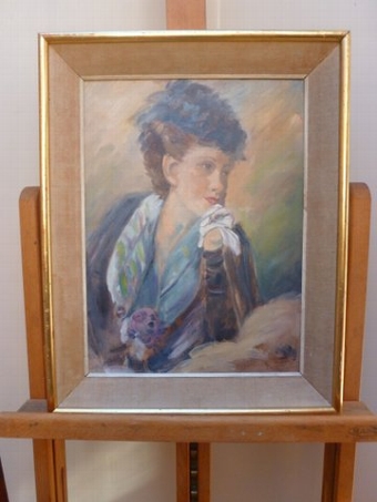 Antique BEAUTIFULLY PAINTED OIL ON BOARD OF A YOUNG SOCIETY LADY HOLDING AN HANDKERCHIEF BY ARTIST ANTHONY STONE IN ORIGINAL FRAME & MEASURING 19.5 X 15.5 INCHES