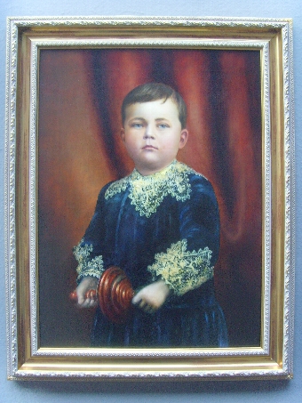 19TH CENTURY OIL PORTRAIT PAINTING OF YOUNG BOY HOLDING WOODEN SPINNING TOP / SIZE 29 X 23 INCHES