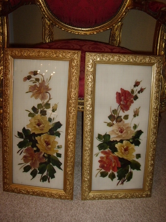 PAIR OF VICTORIAN HAND PAINTED FLOWERS ON GLASS PICTURES PRESENTED IN PLASTER & GILT DECORATIVE F...