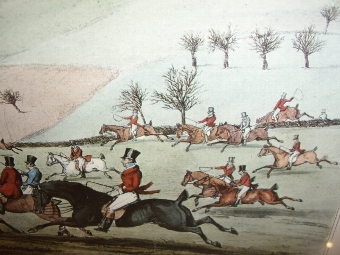 Antique COLOURED PRINT OF LEICESTERSHIRE HUNT IN PROGRESS TITLED 