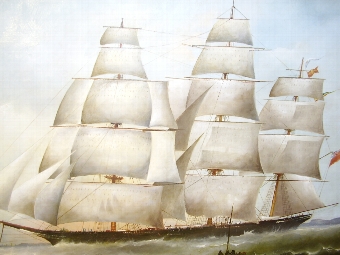 Antique THE CUTTY SARK LATE 19TH CENTURY LARGE OIL PAINTING OF THE CLIPPER SAILING IN ROUGH SEAS BY ARTIST DAVID HEWITT 51 X 35 INCHES.