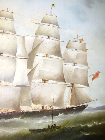 Antique THE CUTTY SARK LATE 19TH CENTURY LARGE OIL PAINTING OF THE CLIPPER SAILING IN ROUGH SEAS BY ARTIST DAVID HEWITT 51 X 35 INCHES.