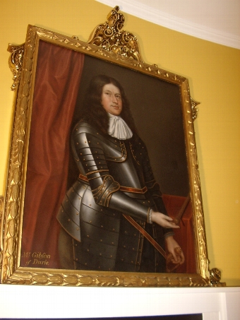 FINE LATE 17TH CENTURY OIL PORTRAIT PAINTING OF MR. GIBSON OF DURIE WEARING HIS FULL SUIT OF ARMO...