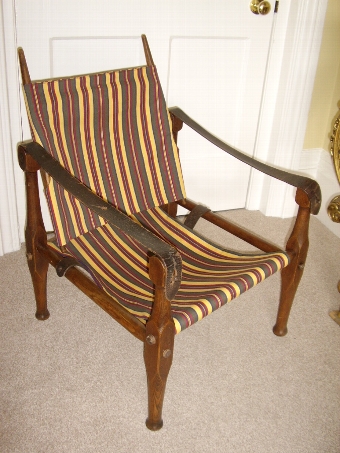 OAK CAMPAIGN COLLAPSABLE SAFARI CHAIR RECENTLY RE-UPHOLSTERED C1910-20