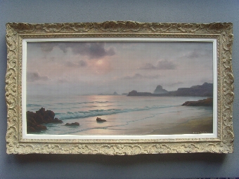 ROGER DE LA CORBIERE PANORAMIC OIL PAINTING OF BRITTANY COASTLINE WITH THE SUNSETTING MEASURING 4...