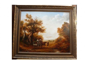 FINE LANDSCAPE OIL PAINTING ON BOARD OF HORSE & CART TRAVELLING THROUGH WOODLAND ALONG A TRACK WI...