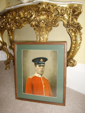 Antique OIL PORTRAIT ON TIN OF BRITISH MILITARY OFFICER IN HIS REDCOAT TUNIC PRESERVED UNDER GLASS IN MAHOGANY  FRAME 19 X 22 INCHES