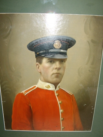Antique OIL PORTRAIT ON TIN OF BRITISH MILITARY OFFICER IN HIS REDCOAT TUNIC PRESERVED UNDER GLASS IN MAHOGANY  FRAME 19 X 22 INCHES
