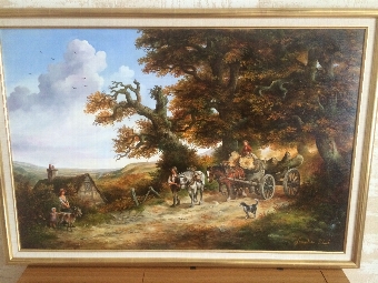 LARGE OIL PAINTING BY JOHN SINCLAIR-BLACK OF HORSE DRAWN LOGGING CART MOVING A PAIR OF HEAVY TREE...