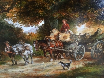 Antique LARGE OIL PAINTING BY JOHN SINCLAIR-BLACK OF HORSE DRAWN LOGGING CART MOVING A PAIR OF HEAVY TREE TRUNKS 39 X 27.5 INCHES IN ORIGINAL GILT FRAME