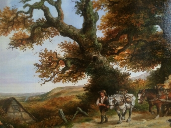 Antique LARGE OIL PAINTING BY JOHN SINCLAIR-BLACK OF HORSE DRAWN LOGGING CART MOVING A PAIR OF HEAVY TREE TRUNKS 39 X 27.5 INCHES IN ORIGINAL GILT FRAME