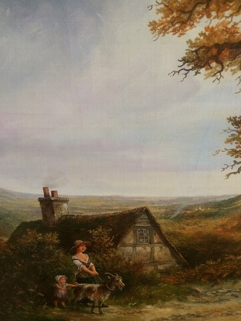 Antique LARGE OIL PAINTING BY JOHN SINCLAIR-BLACK OF HORSE DRAWN LOGGING CART MOVING A PAIR OF HEAVY TREE TRUNKS 39 X 27.5 INCHES IN ORIGINAL GILT FRAME