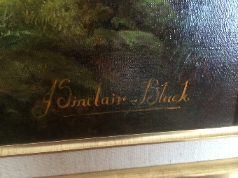 Antique LARGE OIL PAINTING BY JOHN SINCLAIR-BLACK OF HORSE DRAWN LOGGING CART MOVING A PAIR OF HEAVY TREE TRUNKS 39 X 27.5 INCHES IN ORIGINAL GILT FRAME