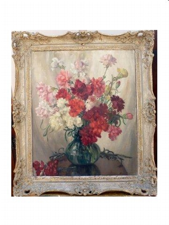 BEAUTIFULL FLORREL STILL LIFE OIL PAINTING OF CARNATIONS IN A GLASS VASE BY LISTED ARTIST MARGARE...