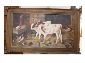 OIL PAINTING OF FARM ANIMALS IN A BARN TITLED BEST OF FRIENDS BY ARTIST M.HERIOT C1922 SIZE 42 X ...