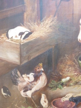 Antique OIL PAINTING OF FARM ANIMALS IN A BARN TITLED BEST OF FRIENDS BY ARTIST M.HERIOT C1922 SIZE 42 X 26 INCHES