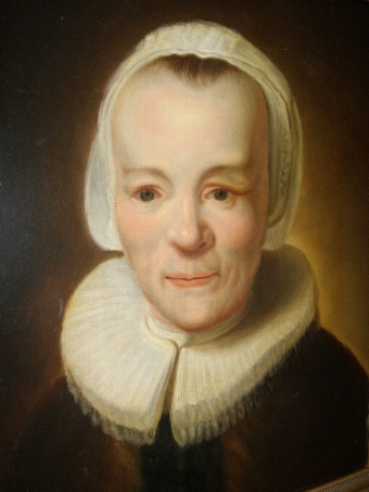 Antique LATE 18TH CENTURY DUTCH(FLEMISH)SCHOOL OIL PORTRAIT ON BOARD OF A LADY WEARING RUFF COLLAR & PRESENTED IN A HAND CRAFTED HEAVY OAK DISTRESSED FRAME 25 X 28 INS