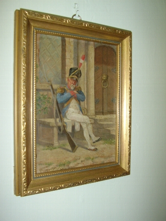 MILITARY OIL PAINTING ON BOARD OF FRENCH SOLDIER RESTING ON GILT FRAME SIGNED LOEWER 1946 10 X 8 ...