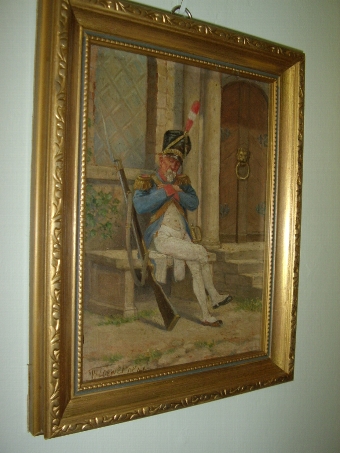 Antique MILITARY OIL PAINTING ON BOARD OF FRENCH SOLDIER RESTING ON GILT FRAME SIGNED LOEWER 1946 10 X 8 INCHES