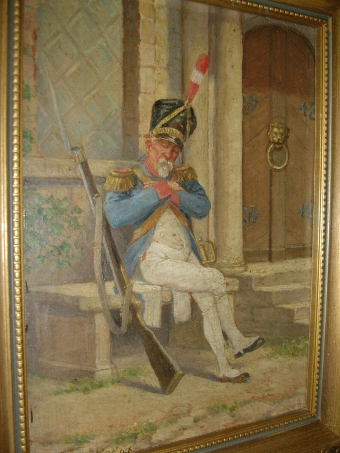 Antique MILITARY OIL PAINTING ON BOARD OF FRENCH SOLDIER RESTING ON GILT FRAME SIGNED LOEWER 1946 10 X 8 INCHES