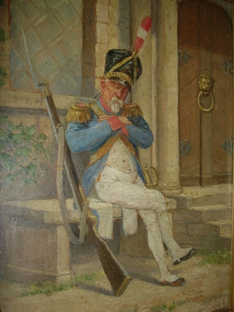 Antique MILITARY OIL PAINTING ON BOARD OF FRENCH SOLDIER RESTING ON GILT FRAME SIGNED LOEWER 1946 10 X 8 INCHES