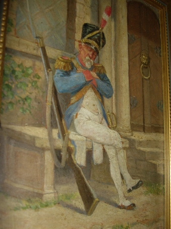 Antique MILITARY OIL PAINTING ON BOARD OF FRENCH SOLDIER RESTING ON GILT FRAME SIGNED LOEWER 1946 10 X 8 INCHES