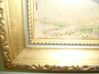 Antique MILITARY OIL PAINTING ON BOARD OF FRENCH SOLDIER RESTING ON GILT FRAME SIGNED LOEWER 1946 10 X 8 INCHES