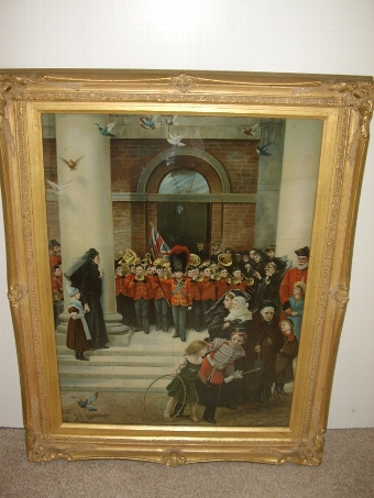 VICTORIAN COLOURED PRINT UNDER GLASS OF A CHILDRENS BRASS BAND PLAYING TO MOURNERS ON THE STEPS O...